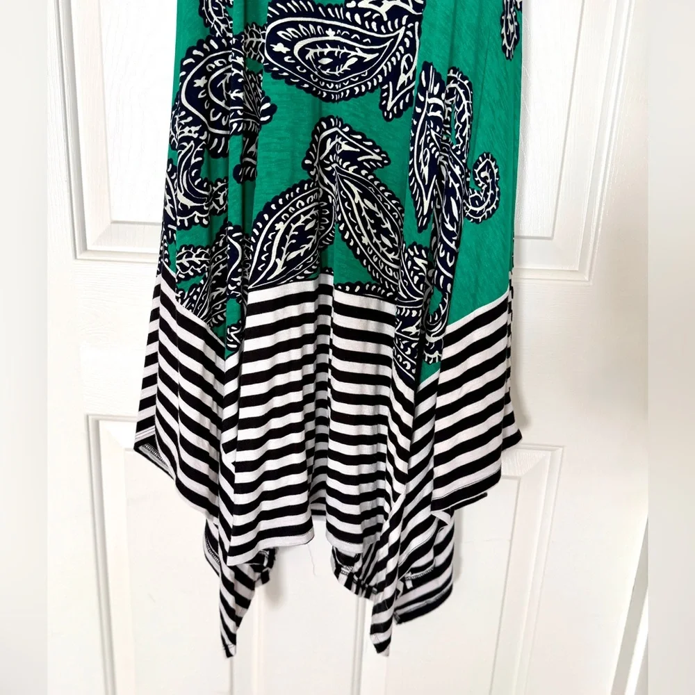 Women's Size L Green Paisley Sleeveless Dress Handkerchief Hem Mixed Print